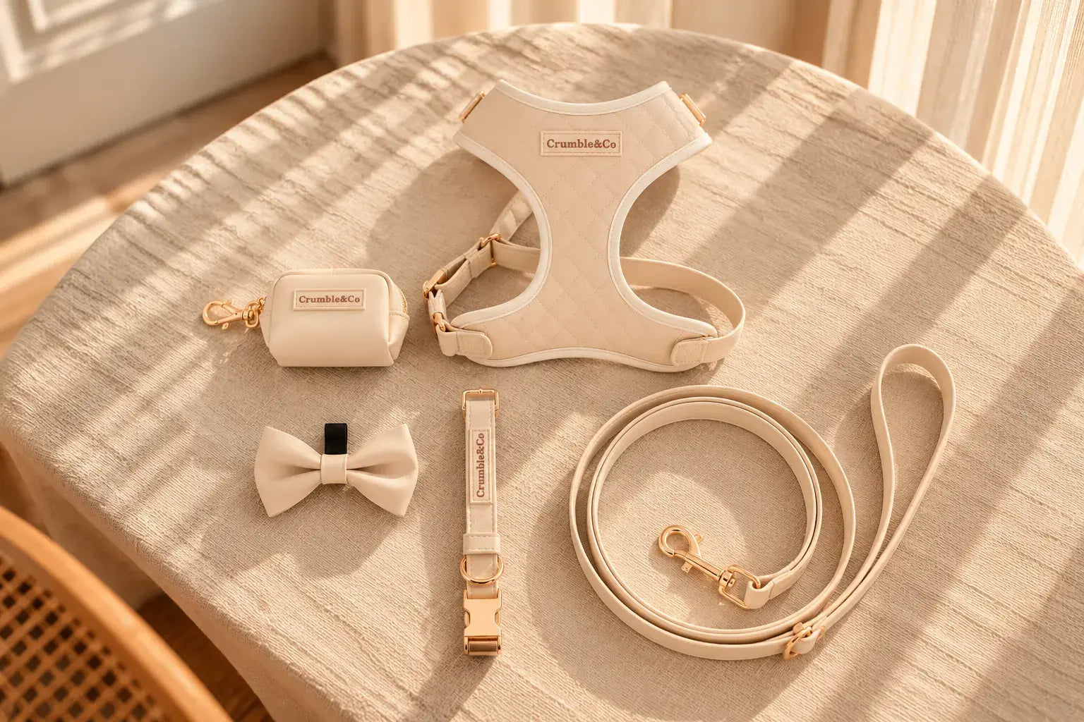 The Biscuit set laid out on a linen tablecloth: harness, lead, collar, poo bag holder and bow tie.